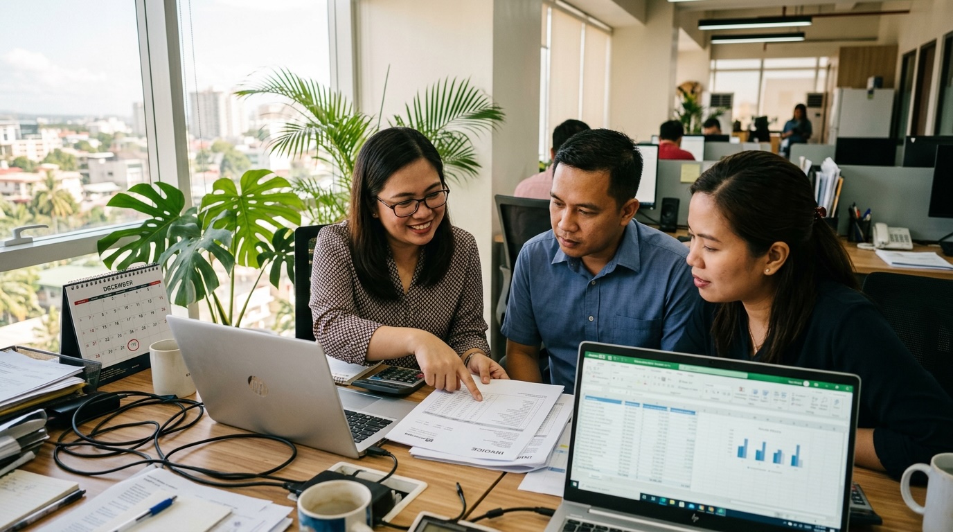 Finance team in a Philippine office reviewing invoices ahead of the BIR e-invoicing deadline
