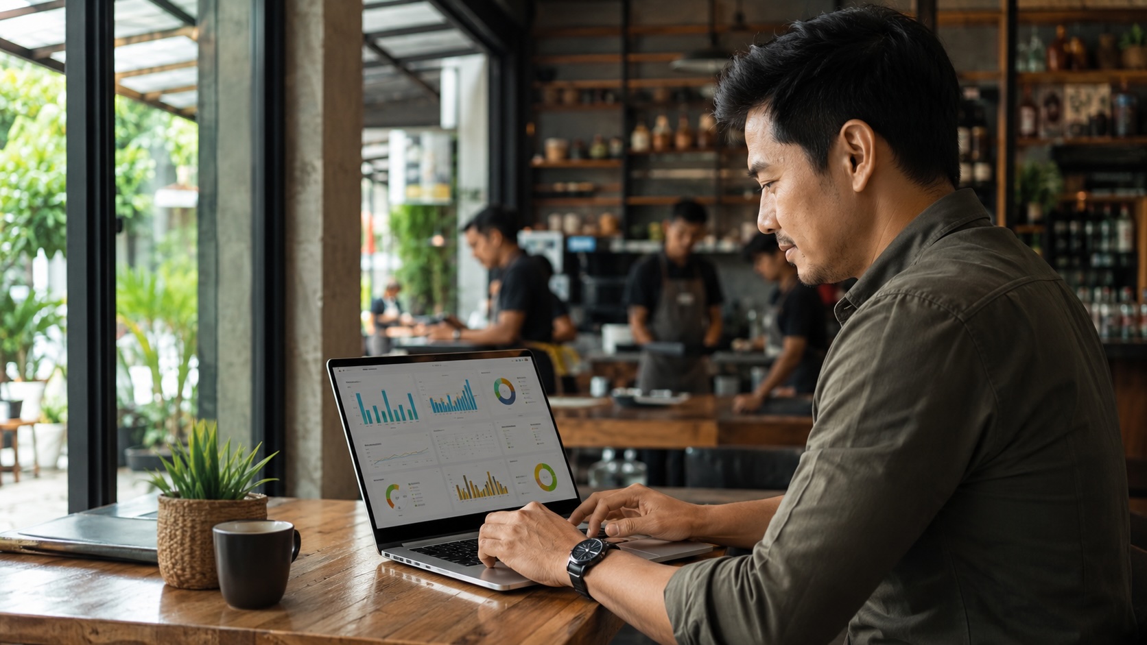 Filipino business owner reviewing sales, inventory, and business performance data during uncertain economic conditions