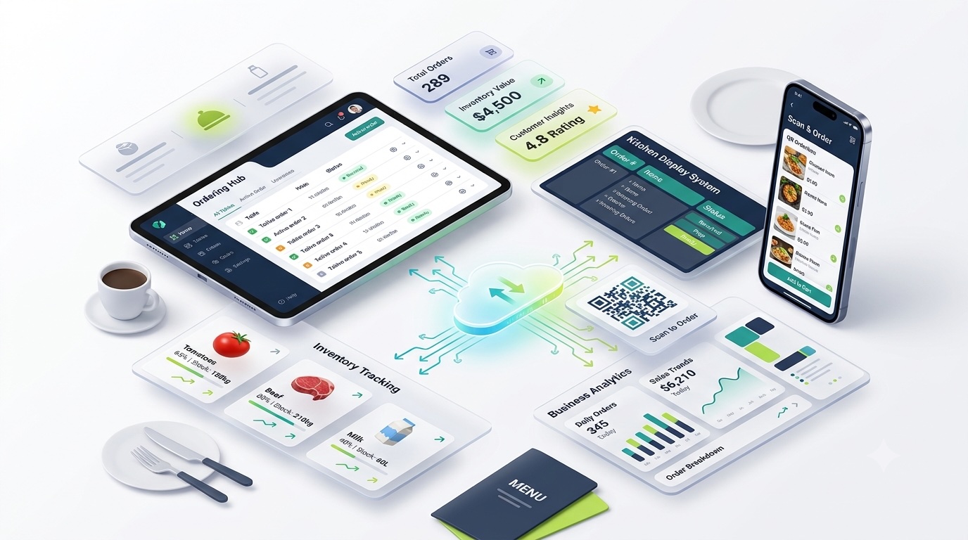 Isometric illustration of a restaurant counter and kitchen display connected to the VentaHub operations dashboard